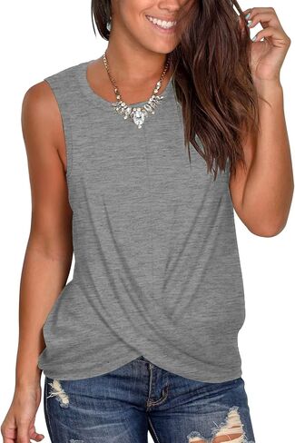 تي شيرت Jescakoo نسائي صيفي بدون أكمام ورقبة دائرية ملتوية من الأمام وقمصان علوية فضفاضة in Kuwait