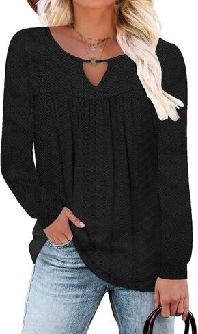 Women's Casual Dressy Long Sleeve Shirts Pleated Fashion Front Key Hole Blouse Cute Scoop Neck Loose Fit Tops in Kuwait