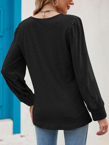 Women's Casual Dressy Long Sleeve Shirts Pleated Fashion Front Key Hole Blouse Cute Scoop Neck Loose Fit Tops in Kuwait