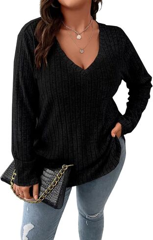 Veeiid Women Plus Size Casual Knit V Neck Lightweight Long Sleeve Sweaters XL-5XL in Kuwait