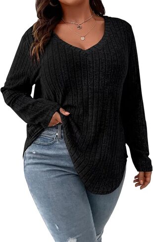 Veeiid Women Plus Size Casual Knit V Neck Lightweight Long Sleeve Sweaters XL-5XL in Kuwait
