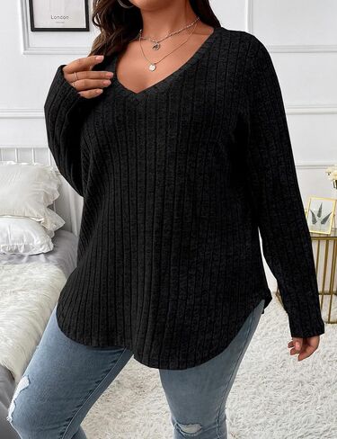 Veeiid Women Plus Size Casual Knit V Neck Lightweight Long Sleeve Sweaters XL-5XL in Kuwait