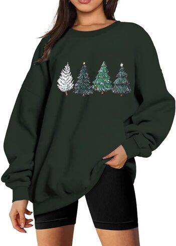 BOUTIKOME Women Christmas Sweatshirt Christmas Tree Graphic Tees Xmas Long Sleeve Crewneck Shirt Oversized Pullover Fall Tops(Xmas Green,XL) in Kuwait