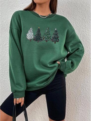 BOUTIKOME Women Christmas Sweatshirt Christmas Tree Graphic Tees Xmas Long Sleeve Crewneck Shirt Oversized Pullover Fall Tops(Xmas Green,XL) in Kuwait