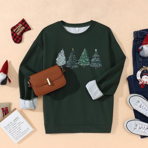 BOUTIKOME Women Christmas Sweatshirt Christmas Tree Graphic Tees Xmas Long Sleeve Crewneck Shirt Oversized Pullover Fall Tops(Xmas Green,XL) in Kuwait