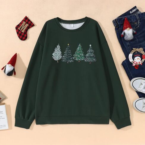 BOUTIKOME Women Christmas Sweatshirt Christmas Tree Graphic Tees Xmas Long Sleeve Crewneck Shirt Oversized Pullover Fall Tops(Xmas Green,XL) in Kuwait