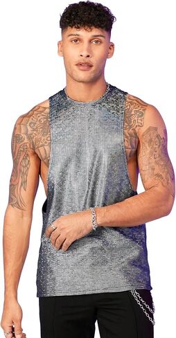 COZYEASE Men's Metallic Tops Sleeveless Round Neck Tank Top Disco Sequin Tops Party Club Night Outfits in Saudi Arabia