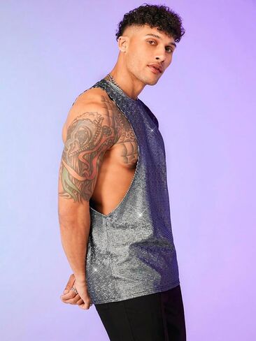 COZYEASE Men's Metallic Tops Sleeveless Round Neck Tank Top Disco Sequin Tops Party Club Night Outfits in Saudi Arabia