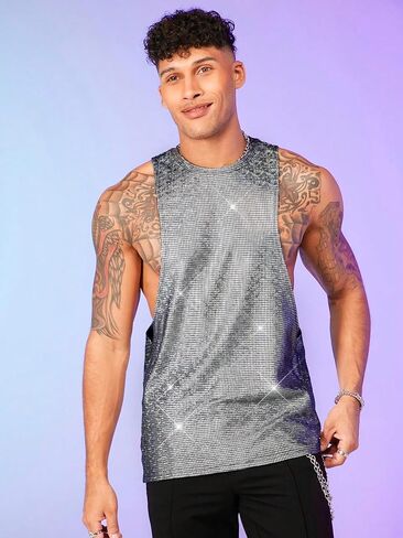 COZYEASE Men's Metallic Tops Sleeveless Round Neck Tank Top Disco Sequin Tops Party Club Night Outfits in Saudi Arabia