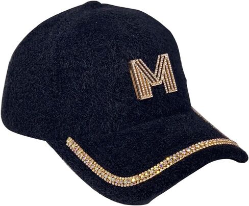 Womens Baseball Cap Letter M Cowboy Hats with Rhinestone Rabbit Plush Baseball Caps Bling Fancy Jewelry Hat Fashion Cap Black in Kuwait