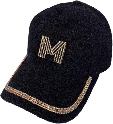 Womens Baseball Cap Letter M Cowboy Hats with Rhinestone Rabbit Plush Baseball Caps Bling Fancy Jewelry Hat Fashion Cap Black in Kuwait