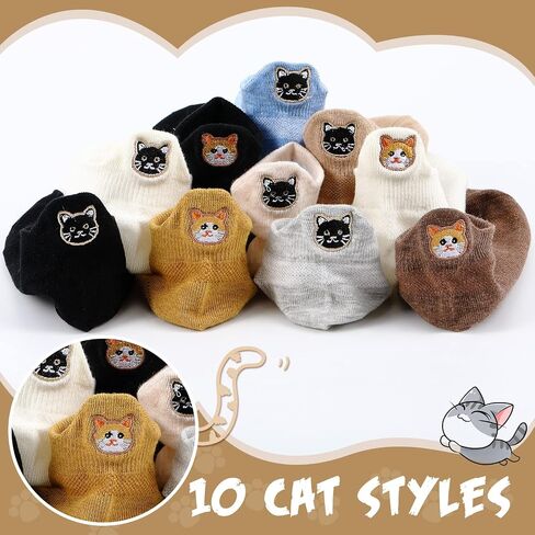 10 Pairs No Show Ankle Kawaii Socks Embroidered Funny Low Cut Socks Cute Cat Socks for Women Soft Comfortable Animal Socks for Women Girls, Multicolor in Saudi Arabia
