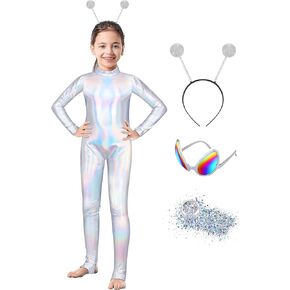 AOTHSO 4 Pcs Girls Alien Metallic Long Sleeve Unitard Halloween Costume Shiny Silver Laser Jumpsuit Sequins Headband Glasses in Kuwait