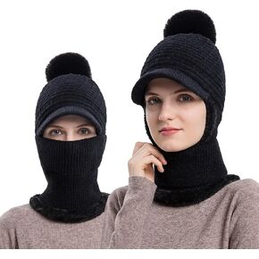 Fleece Lined Womens Beanie Knit Hat with Brim, Winter Scarf Mask Set for Women,Girls Snow Caps Earmuffs Hats with Pom