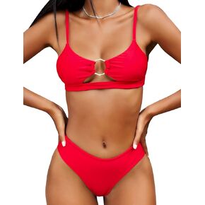 EJsoyo ملابس سباحة نسائية مكونة من قطعتين بيكيني صفيق عالي الخصر قطع ثوب السباحة رفع ثقب المفتاح الدائري ملابس السباحة in Kuwait