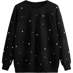 WDIRARA Women's Plus Size Round Neck Long Sleeve Pearl Beaded Sweatshirt Pullovers