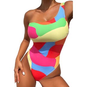 WDIRARA Women's Colorblock Cut Out One Piece Swimsuit Mesh One Shoulder Bathing Suit