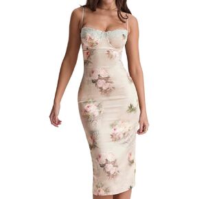 المرأة مثير Bodycon فستان ماكسي بلا أكمام الأزهار طباعة المنخفضة قطع السباغيتي حزام عارية الذراعين فستان طويل كوكتيل Partywear in Kuwait