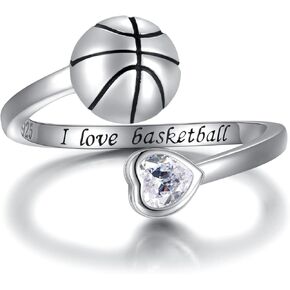 925 Sterling Silver Basketball Softball Baseball Football Tennis Racket Ring Adjustable Sports Jewelry Gifts for Women Player Mom