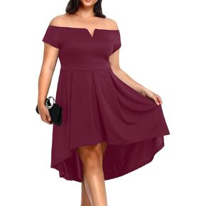 Women's Plus Size Off Shoulder Midi High Low Flared Cocktail Party A-Line Swing Dress