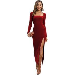 ALENDA DANMOS Women's Fall Wedding Guest Dress Long Sleeves Square Neck Bodycon Maxi Dresses High Split Long Dress 232