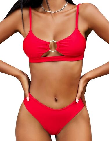 EJsoyo ملابس سباحة نسائية مكونة من قطعتين بيكيني صفيق عالي الخصر قطع ثوب السباحة رفع ثقب المفتاح الدائري ملابس السباحة in Kuwait