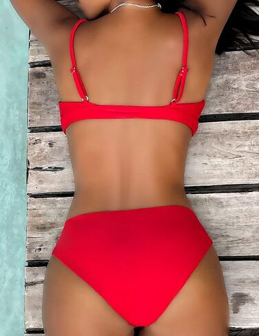 EJsoyo ملابس سباحة نسائية مكونة من قطعتين بيكيني صفيق عالي الخصر قطع ثوب السباحة رفع ثقب المفتاح الدائري ملابس السباحة in Kuwait