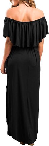 Sarin Mathews Womens Off The Shoulder Ruffle Party Dress Casual Side Split Beach Long Maxi Dresses with Pockets in Kuwait