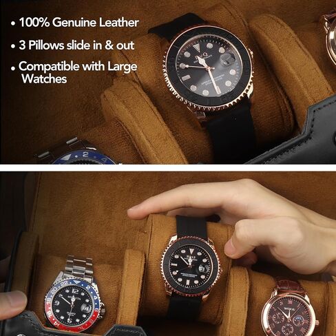 حقيبة سفر من KOSMCCO - بكرة ساعة جلدية 3 حافظة سفر للساعة، منظم تخزين وحقيبة عرض (بني ويسكي) in Kuwait