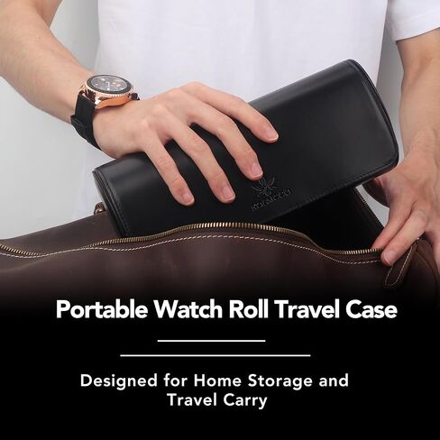 حقيبة سفر من KOSMCCO - بكرة ساعة جلدية 3 حافظة سفر للساعة، منظم تخزين وحقيبة عرض (بني ويسكي) in Kuwait