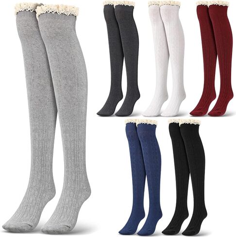 Syhood 6 Pairs Winter Women Cotton Knit Boot Socks Crochet Knee High Socks with Lace Trim Thigh High Socks Stockings for Women Girls, 6 Classic Colors in Saudi Arabia