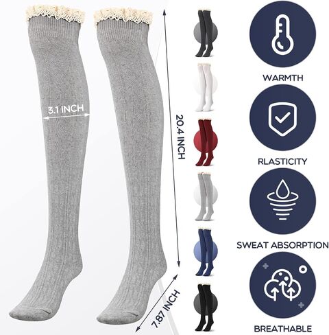 Syhood 6 Pairs Winter Women Cotton Knit Boot Socks Crochet Knee High Socks with Lace Trim Thigh High Socks Stockings for Women Girls, 6 Classic Colors in Saudi Arabia