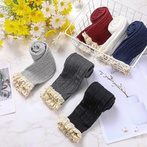 Syhood 6 Pairs Winter Women Cotton Knit Boot Socks Crochet Knee High Socks with Lace Trim Thigh High Socks Stockings for Women Girls, 6 Classic Colors in Saudi Arabia
