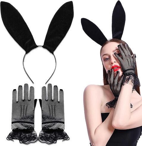 Acenail أرنب آذان عقال مثير أسود مخملي آذان أرنب عصابات مع قفازات الدانتيل الطرف الديكور أغطية الرأس قفازات قصيرة الأرنب زي الملحقات مجموعات بلاي بوي الأرنب زي الأرنب الأذن عصابات الشعر لجميع القديسين حفلة تنكرية in Kuwait