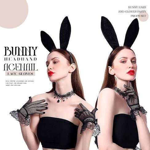 Acenail أرنب آذان عقال مثير أسود مخملي آذان أرنب عصابات مع قفازات الدانتيل الطرف الديكور أغطية الرأس قفازات قصيرة الأرنب زي الملحقات مجموعات بلاي بوي الأرنب زي الأرنب الأذن عصابات الشعر لجميع القديسين حفلة تنكرية in Kuwait