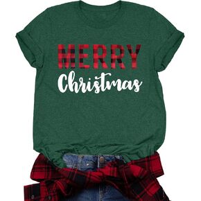 Merry Christmas T-Shirts for Women Buffalo Plaid Print Christmas Shirts Tops Holiday Letter Print Tee Tops