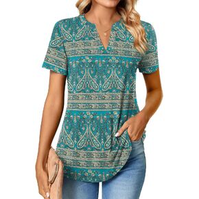 Anyhold Womens Summer Tops Notch V Neck Tunic Tops Short Sleeve Loose Work Blouse Tshirts