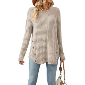 Lafural Womens Long Sleeve Tops Tunic Fall Shirts Women Sweaters Crew Neck Button