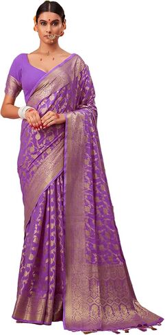 Vardha Saree for Women Faux Georgette Banarasi Art Silk Woven Saree | Indian Diwali Wedding Gift Sari & Unstitched Blouse in Saudi Arabia