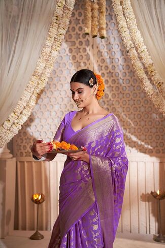 Vardha Saree for Women Faux Georgette Banarasi Art Silk Woven Saree | Indian Diwali Wedding Gift Sari & Unstitched Blouse in Saudi Arabia