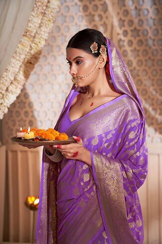 Vardha Saree for Women Faux Georgette Banarasi Art Silk Woven Saree | Indian Diwali Wedding Gift Sari & Unstitched Blouse in Saudi Arabia