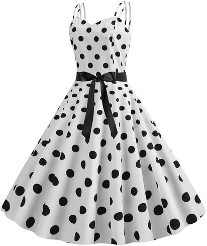 Women Vintage Polka Dots Dress 1950s Spaghetti Strap A-Line Summer Swing Dress Audrey Retro Cocktail Party Dresses in Saudi Arabia