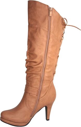 TOP Moda Womens Page-65 Knee High Round Toe Lace-Up Slouched High Heel Boots in Saudi Arabia