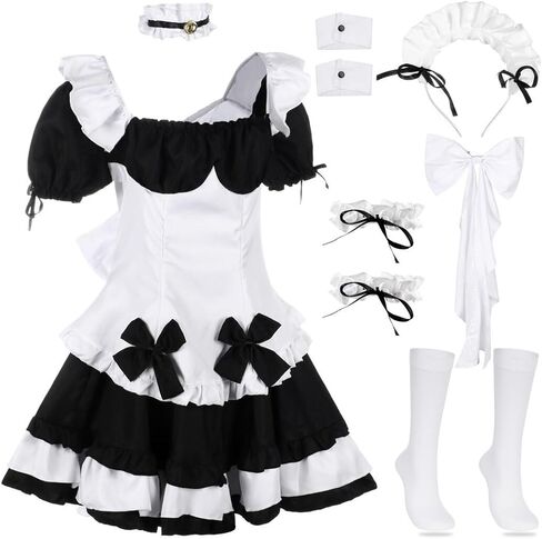 COYLINK Womens Anime Maid Cosplay Costume, Lolita Outfit Look, Anime Cosplay for Halloween, French Apron Fancy Dress with Stockings in Kuwait