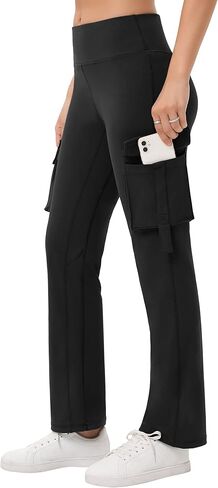 GymSmart Mid Waisted Yoga Cargo Pants for Women Stretch Bootcut Casual Pants in Kuwait