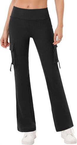 GymSmart Mid Waisted Yoga Cargo Pants for Women Stretch Bootcut Casual Pants in Kuwait