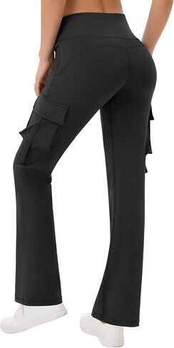 GymSmart Mid Waisted Yoga Cargo Pants for Women Stretch Bootcut Casual Pants in Kuwait