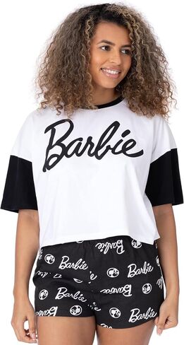 Barbie Womens Pyjamas Ladies Doll Logo Boxy Fit Crop White T-Shirt With Black Elasticated Shorts Sleepwear in Saudi Arabia