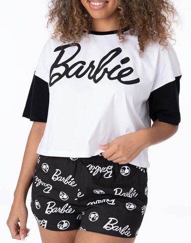 Barbie Womens Pyjamas Ladies Doll Logo Boxy Fit Crop White T-Shirt With Black Elasticated Shorts Sleepwear in Saudi Arabia