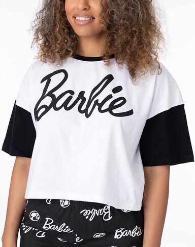 Barbie Womens Pyjamas Ladies Doll Logo Boxy Fit Crop White T-Shirt With Black Elasticated Shorts Sleepwear in Saudi Arabia